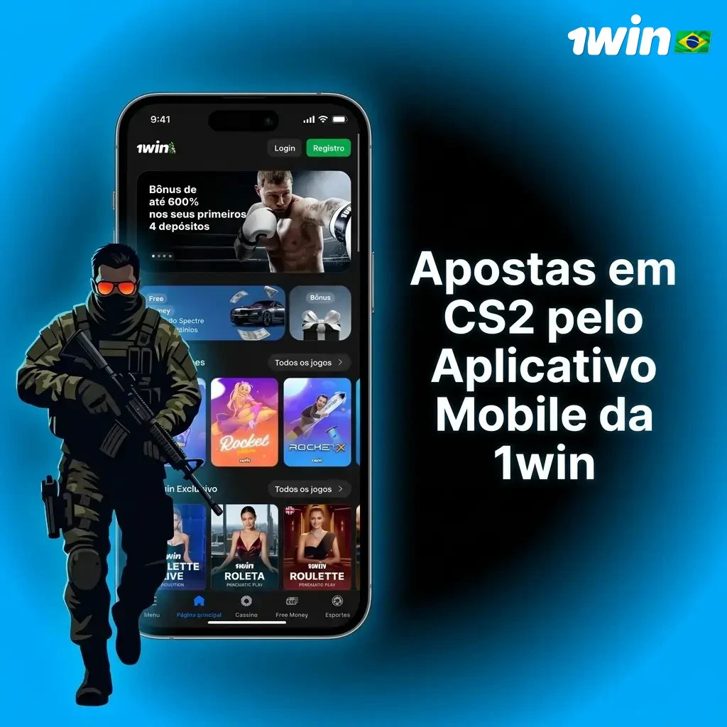 Aplicativo mobile 1win para apostas em CS2 com login, navegação em eSports e confirmação de apostas