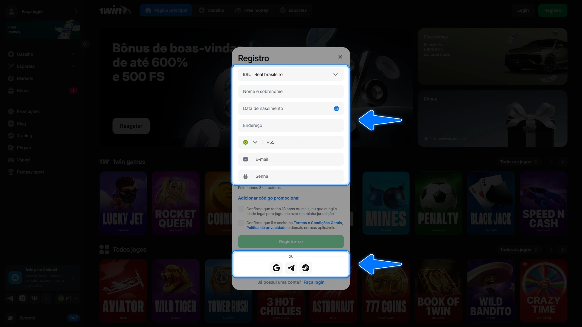 Selecione entre o registro rápido ou pelas redes sociais para facilitar seu acesso à plataforma 1win.