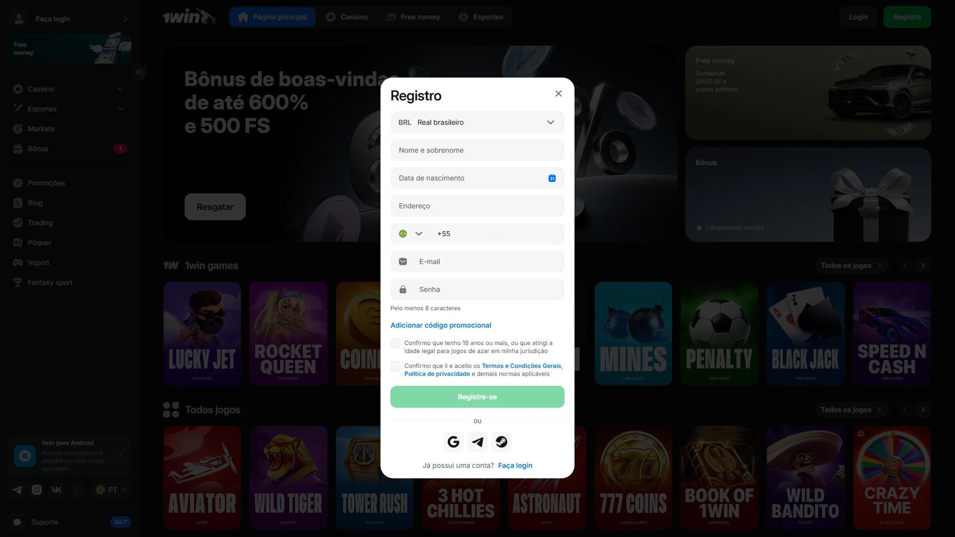 Clique no botão de registro destacado no topo da página para iniciar seu cadastro na 1win agora.
