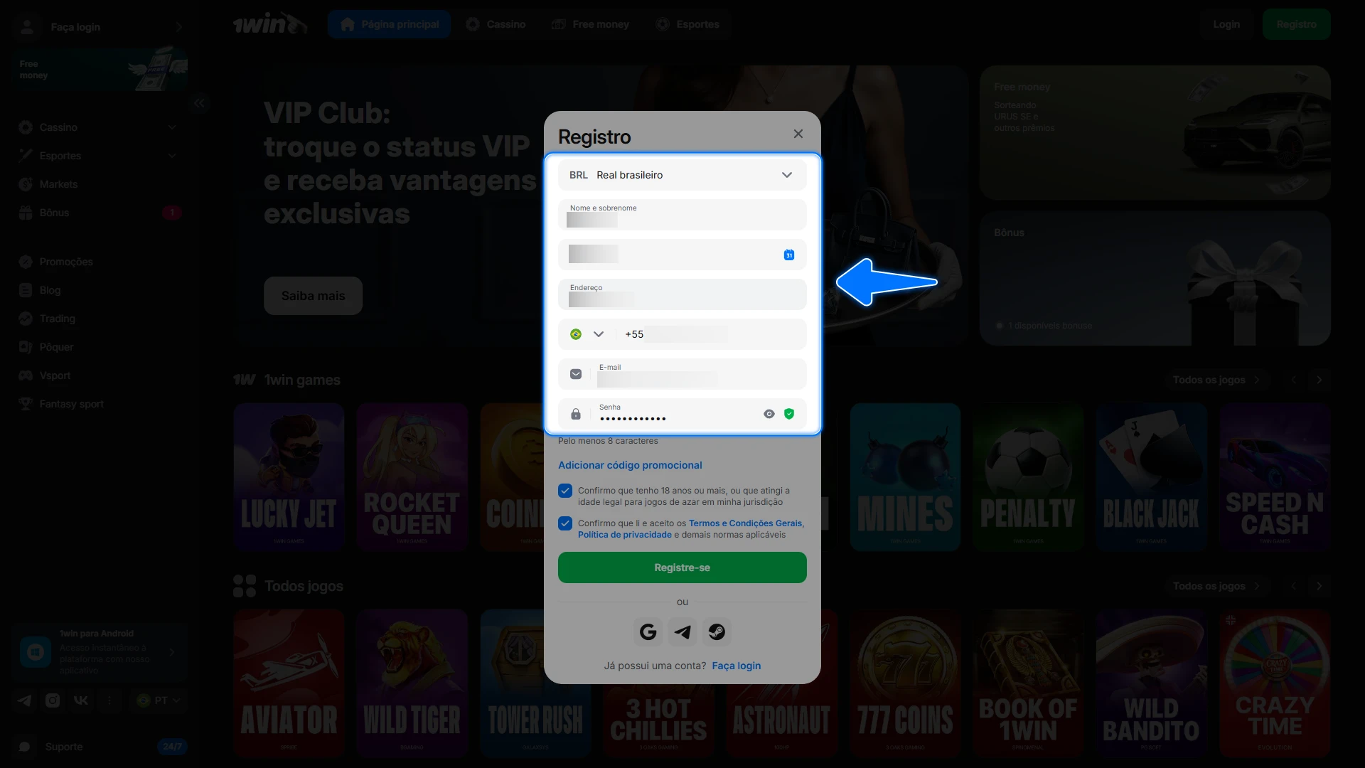 Preencha o formulário com suas informações e escolha a moeda local para configurar sua conta na 1win.