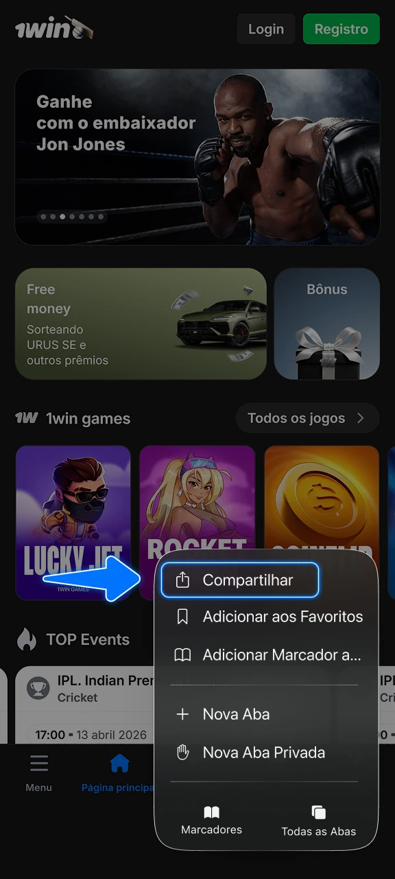 Toque no ícone de compartilhar e selecione a opção de adicionar à tela inicial para instalar o atalho da 1win.