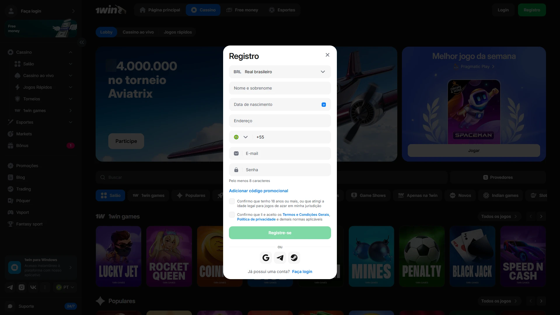 Clique no botão de cadastro no site da 1win para abrir sua conta e começar a jogar JetX agora mesmo.