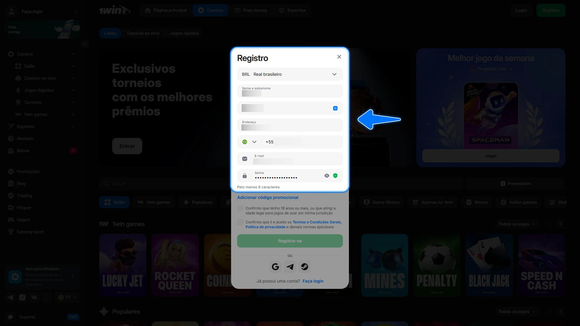 Insira seus dados básicos de contato para criar seu perfil de jogador com total segurança na 1win.