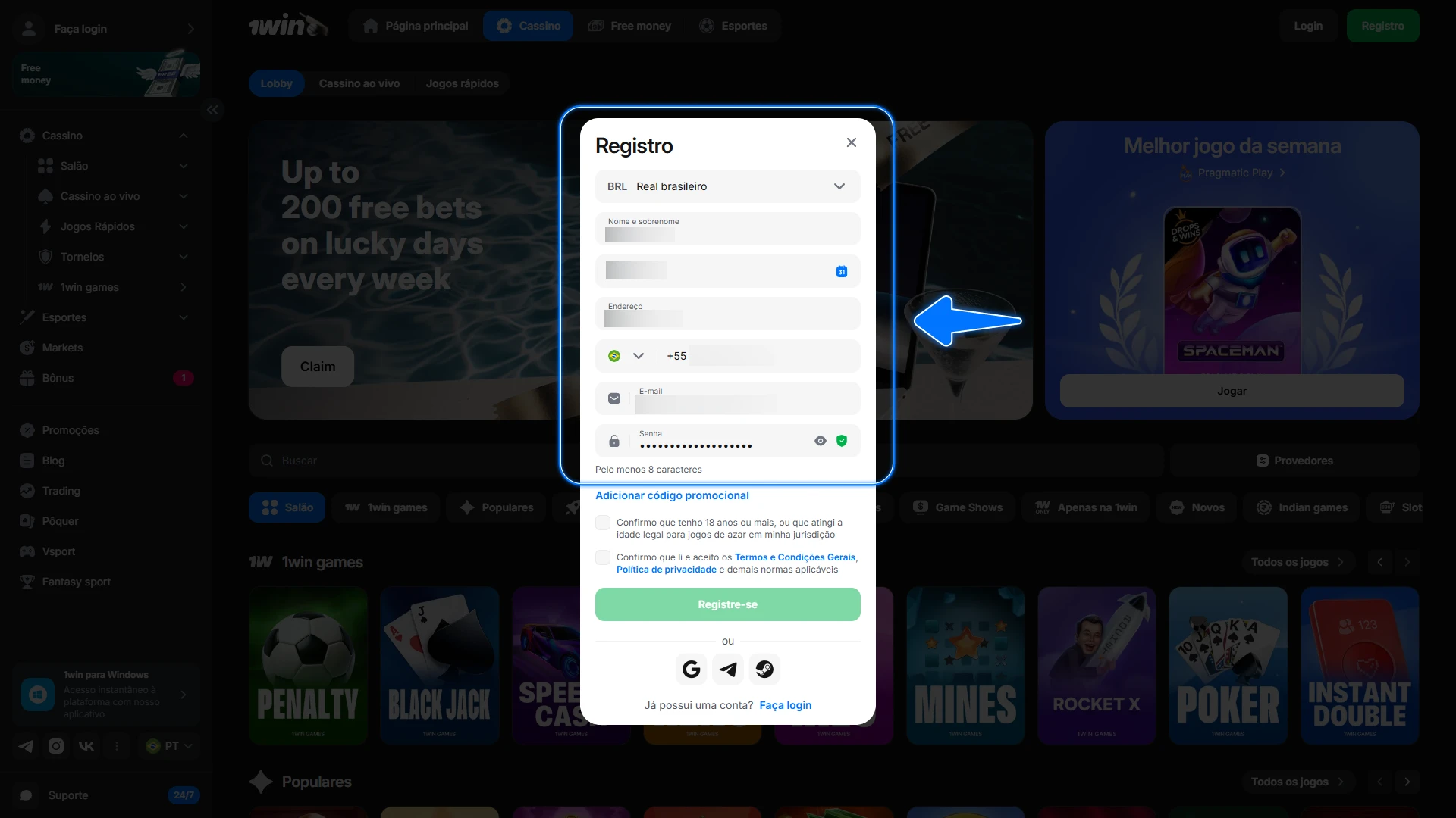 Insira suas informações de contato e escolha a moeda brasileira na 1win para personalizar sua experiência de jogo.