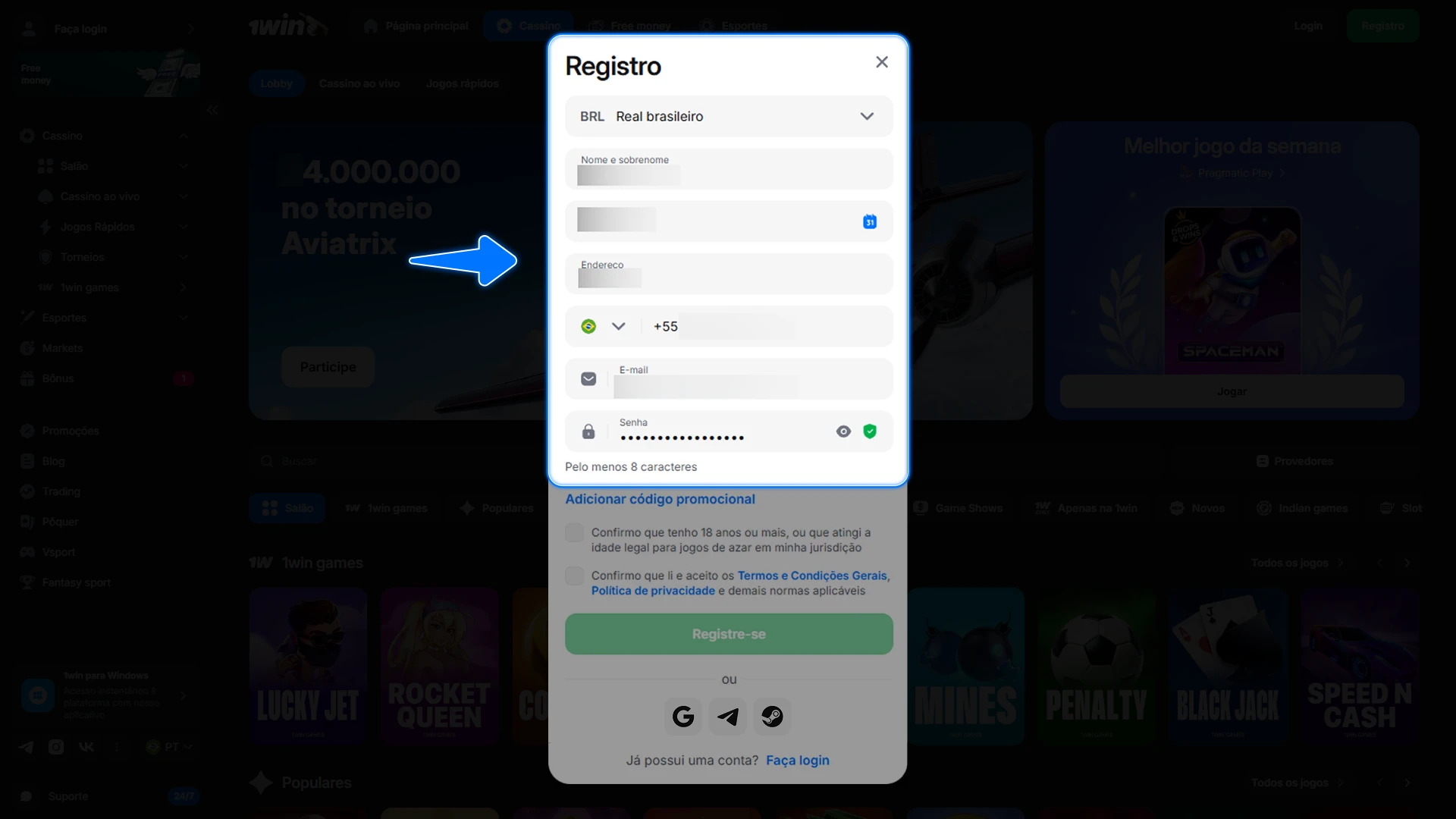 Preencha o formulário com seus dados básicos para garantir uma conta segura e verificada na plataforma 1win.