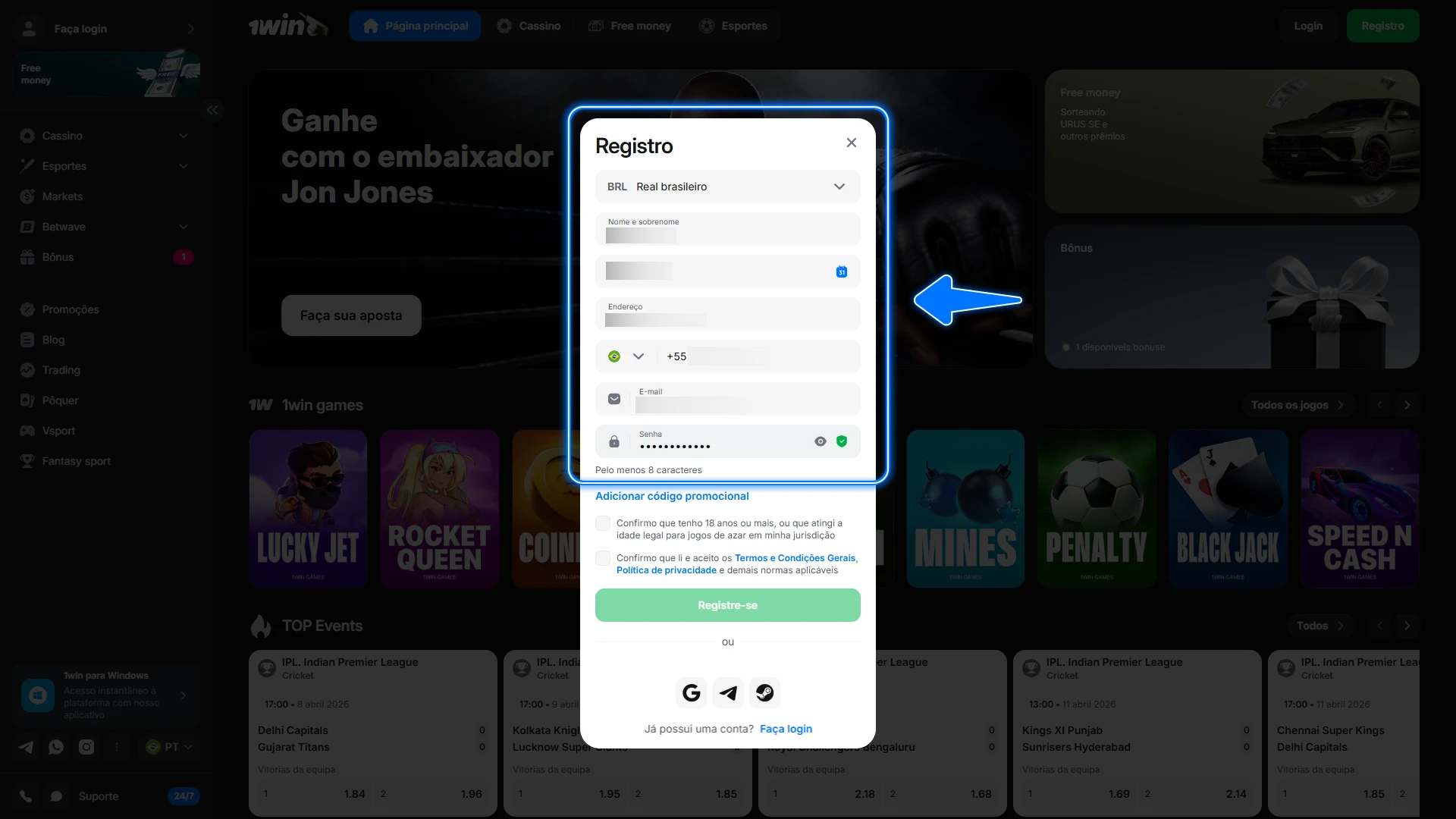 Preencha suas informações corretamente para garantir o acesso imediato à sua conta 1win.