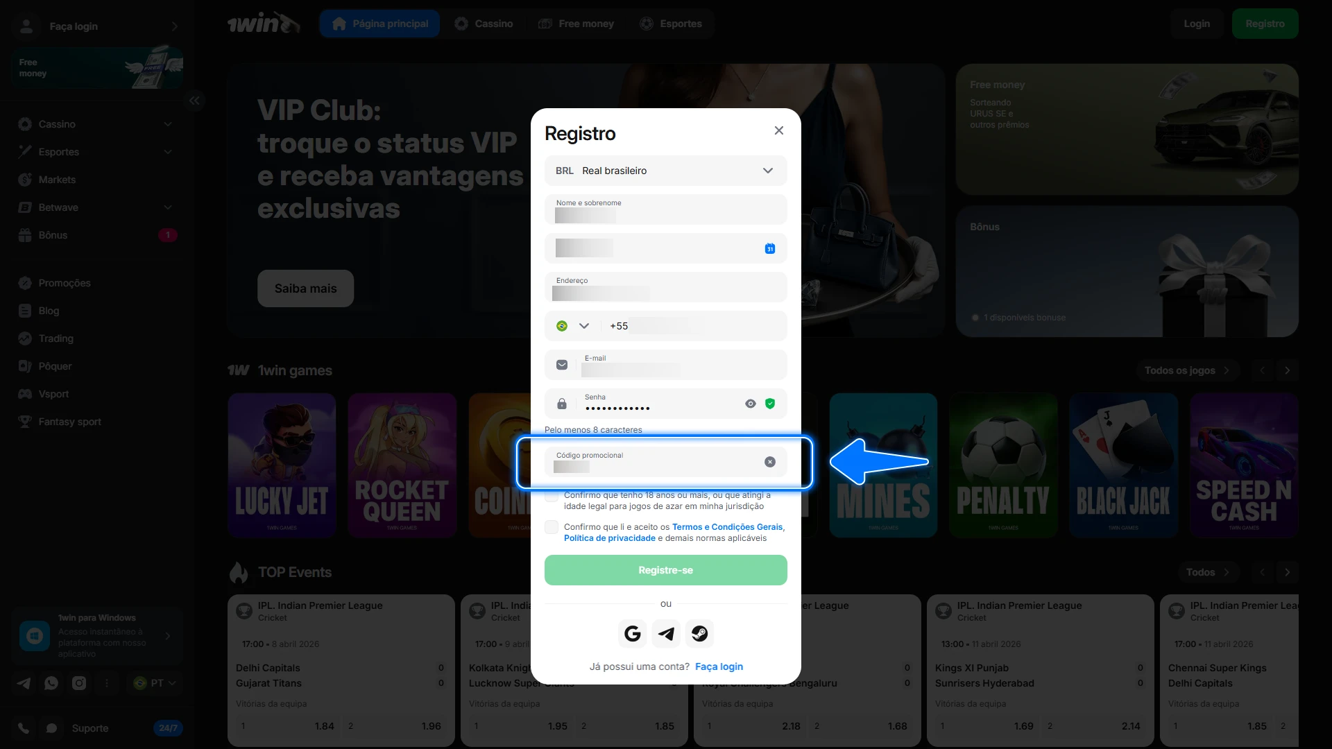 Insira o código de bônus para aumentar seu saldo inicial na 1win hoje mesmo.