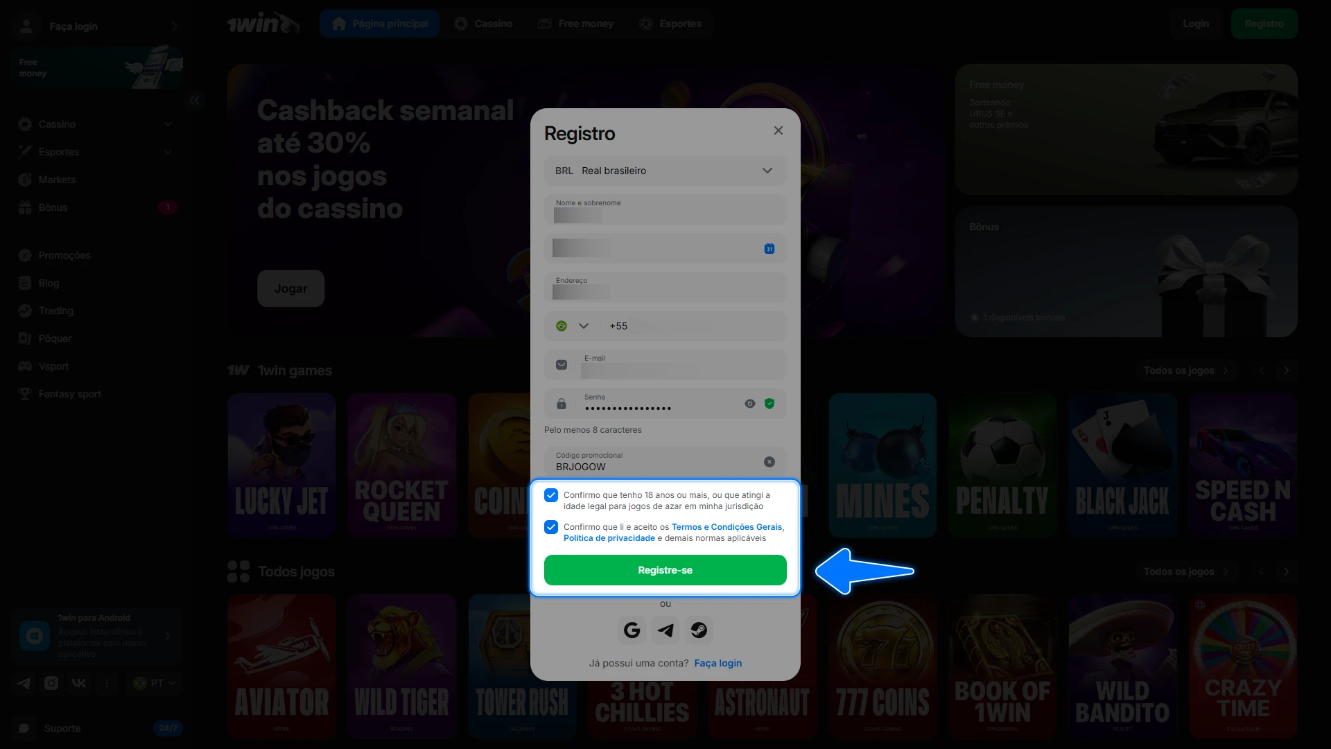 Conclua seu registro na 1win para ativar o código e começar a apostar com o saldo extra imediatamente.