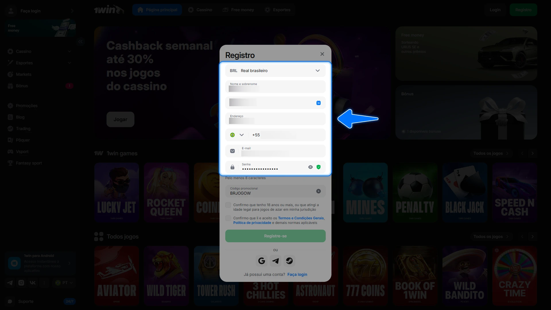 Complete o cadastro com suas informações pessoais para validar o uso do cupom promocional na 1win.